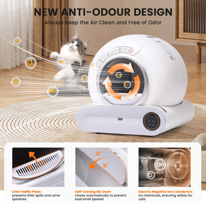 Automatic Self-Cleaning Cat Litter Box, APP Control and Integrated Safety Protection, 68L+9L Large Capacity, for Large/Multiple Cats,White